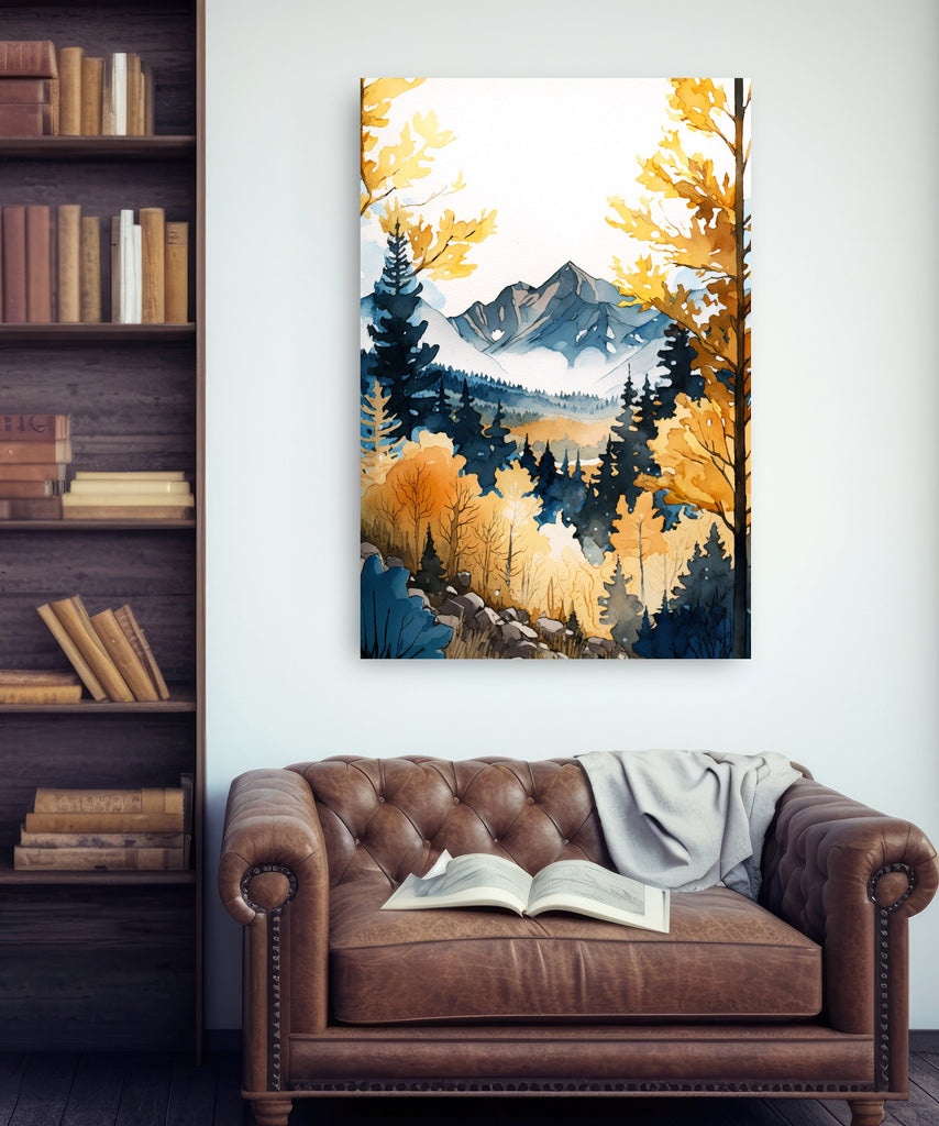 Autumn Forest Mountain Wall Art Cabin Decor Landscape Watercolor Painting Fall Prints Outdoorsy Gifts Woodland Nursery Cottagecore Decor