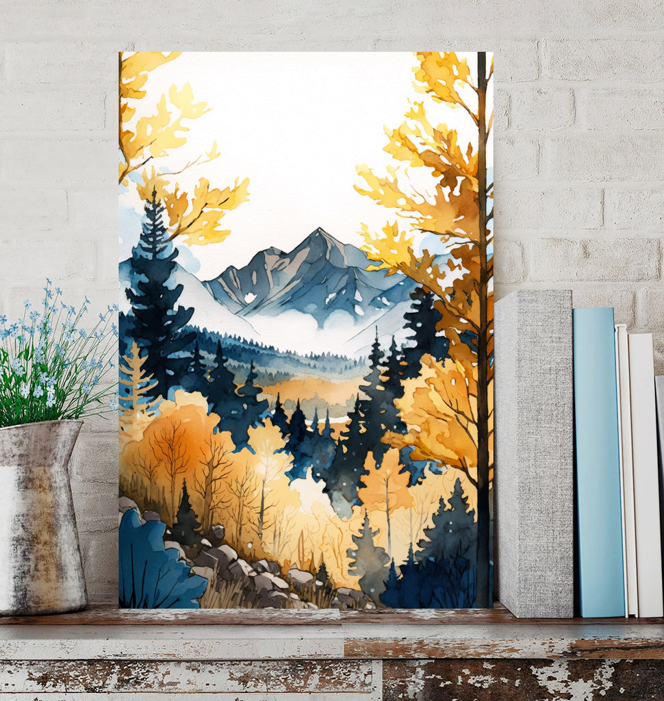 Autumn Forest Mountain Wall Art Cabin Decor Landscape Watercolor Painting Fall Prints Outdoorsy Gifts Woodland Nursery Cottagecore Decor