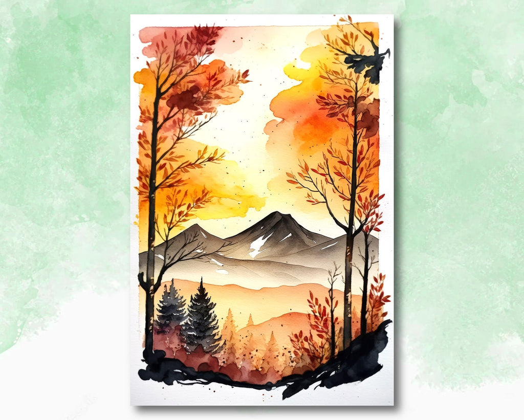 Autumn Forest Mountain Wall Art Cabin Decor Landscape Watercolor Painting Fall Prints Outdoorsy Gifts Woodland Nursery Cottagecore Decor