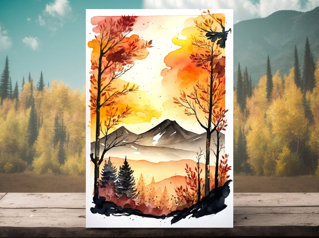 Autumn Forest Mountain Wall Art Cabin Decor Landscape Watercolor Painting Fall Prints Outdoorsy Gifts Woodland Nursery Cottagecore Decor