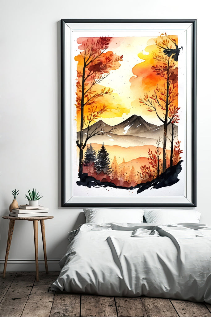 Autumn Forest Mountain Wall Art Cabin Decor Landscape Watercolor Painting Fall Prints Outdoorsy Gifts Woodland Nursery Cottagecore Decor