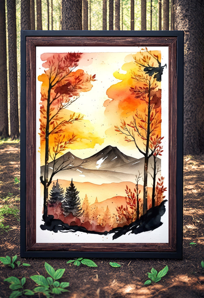 Autumn Forest Mountain Wall Art Cabin Decor Landscape Watercolor Painting Fall Prints Outdoorsy Gifts Woodland Nursery Cottagecore Decor