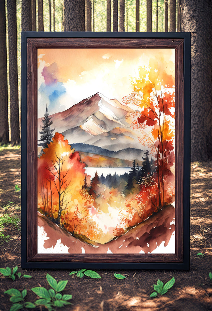 Autumn Forest Mountain Wall Art Cabin Decor Landscape Watercolor Painting Fall Prints Outdoorsy Gifts Woodland Nursery Cottagecore Decor