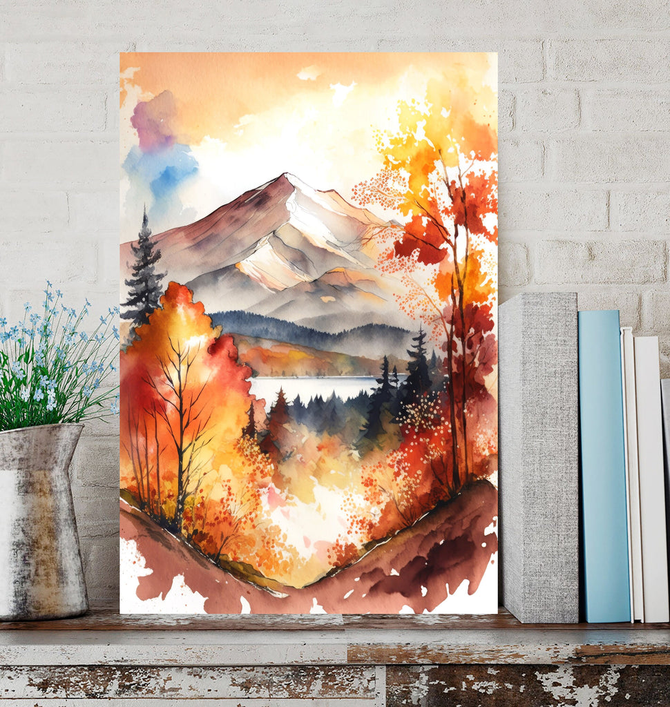 Autumn Forest Mountain Wall Art Cabin Decor Landscape Watercolor Painting Fall Prints Outdoorsy Gifts Woodland Nursery Cottagecore Decor