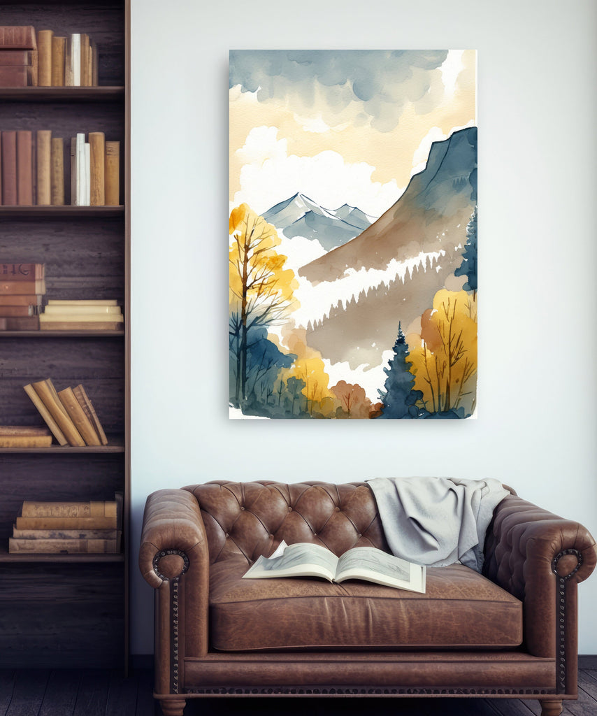 Autumn Forest Mountain Wall Art Cabin Decor Landscape Watercolor Painting Fall Prints Outdoorsy Gifts Woodland Nursery Cottagecore Decor