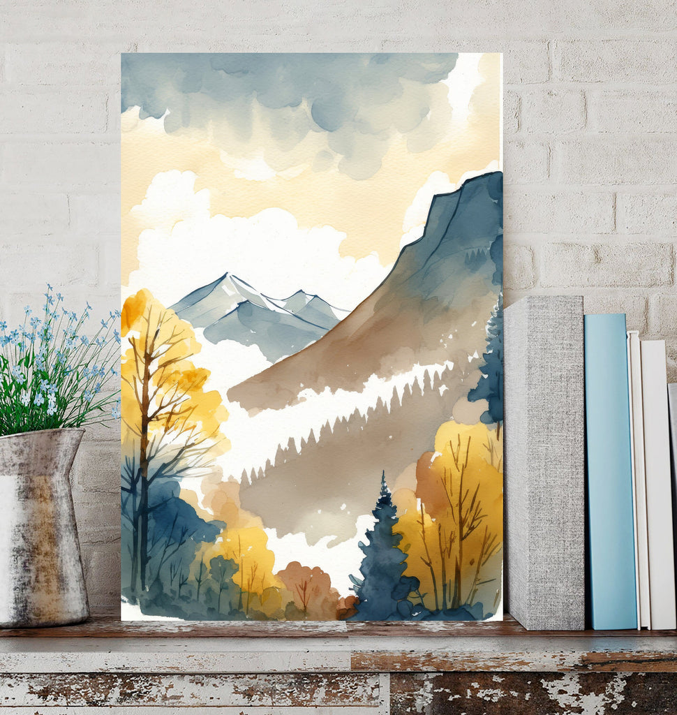 Autumn Forest Mountain Wall Art Cabin Decor Landscape Watercolor Painting Fall Prints Outdoorsy Gifts Woodland Nursery Cottagecore Decor