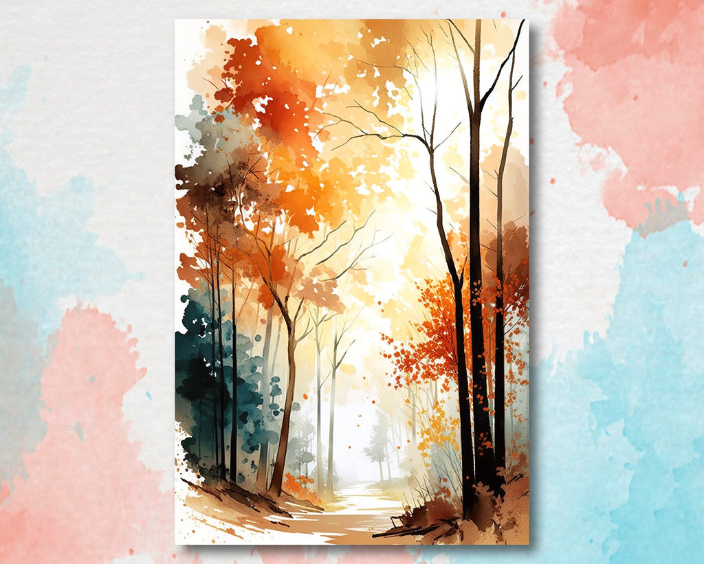 Autumn Sunset Forest Wall Art Cabin Decor Landscape Watercolor Painting Fall Prints Outdoorsy Gifts Woodland Nursery Cottagecore Decor