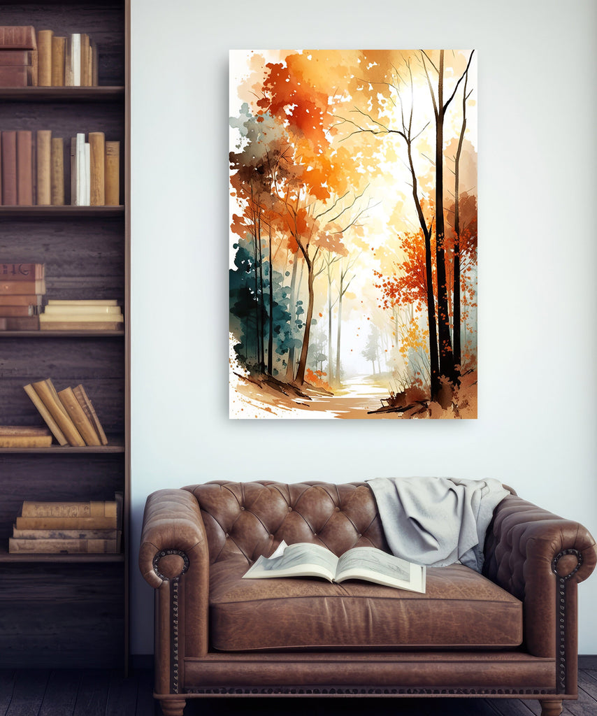 Autumn Sunset Forest Wall Art Cabin Decor Landscape Watercolor Painting Fall Prints Outdoorsy Gifts Woodland Nursery Cottagecore Decor