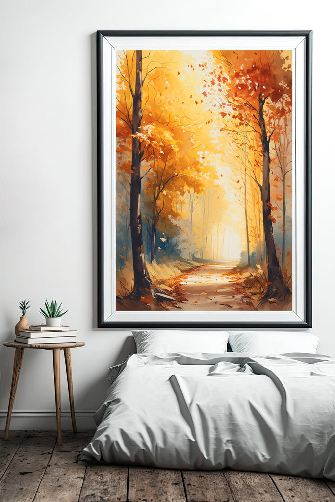 Autumn Sunset Forest Wall Art Cabin Decor Landscape Watercolor Painting Fall Prints Outdoorsy Gifts Woodland Nursery Cottagecore Decor