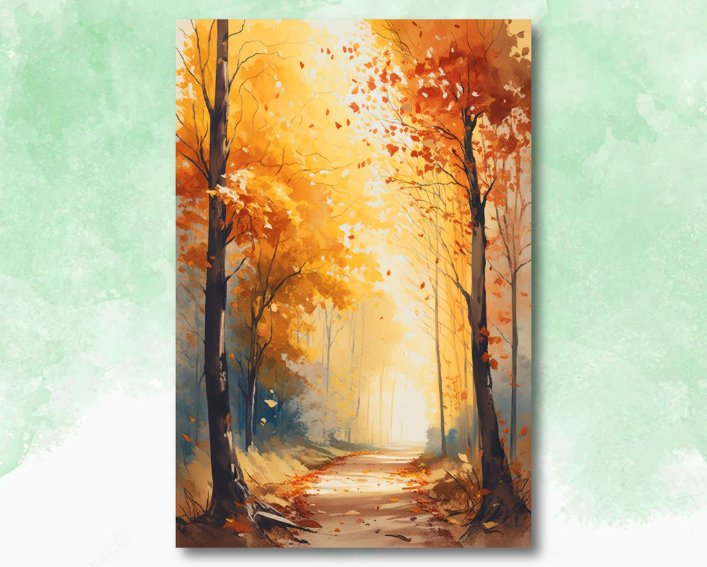 Autumn Sunset Forest Wall Art Cabin Decor Landscape Watercolor Painting Fall Prints Outdoorsy Gifts Woodland Nursery Cottagecore Decor