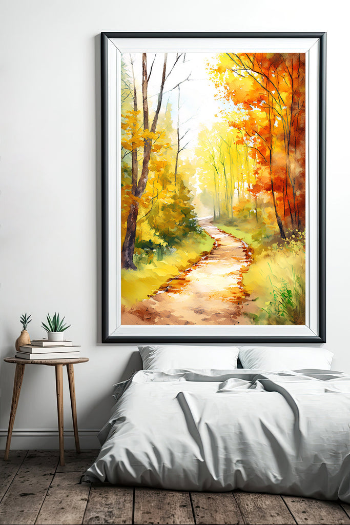 Autumn Sunset Forest Wall Art Cabin Decor Landscape Watercolor Painting Fall Prints Outdoorsy Gifts Woodland Nursery Cottagecore Decor