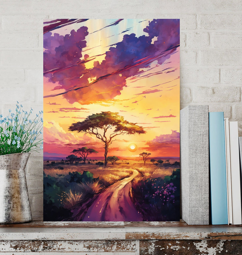 African Serengeti Sunset Wall Art Safari Print Africa Savanna Watercolor Landscape Painting Travel Gift Nature Inspired Decor