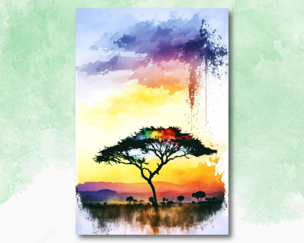 African Serengeti Sunset Wall Art Safari Print Africa Savanna Watercolor Landscape Painting Travel Gift Nature Inspired Decor