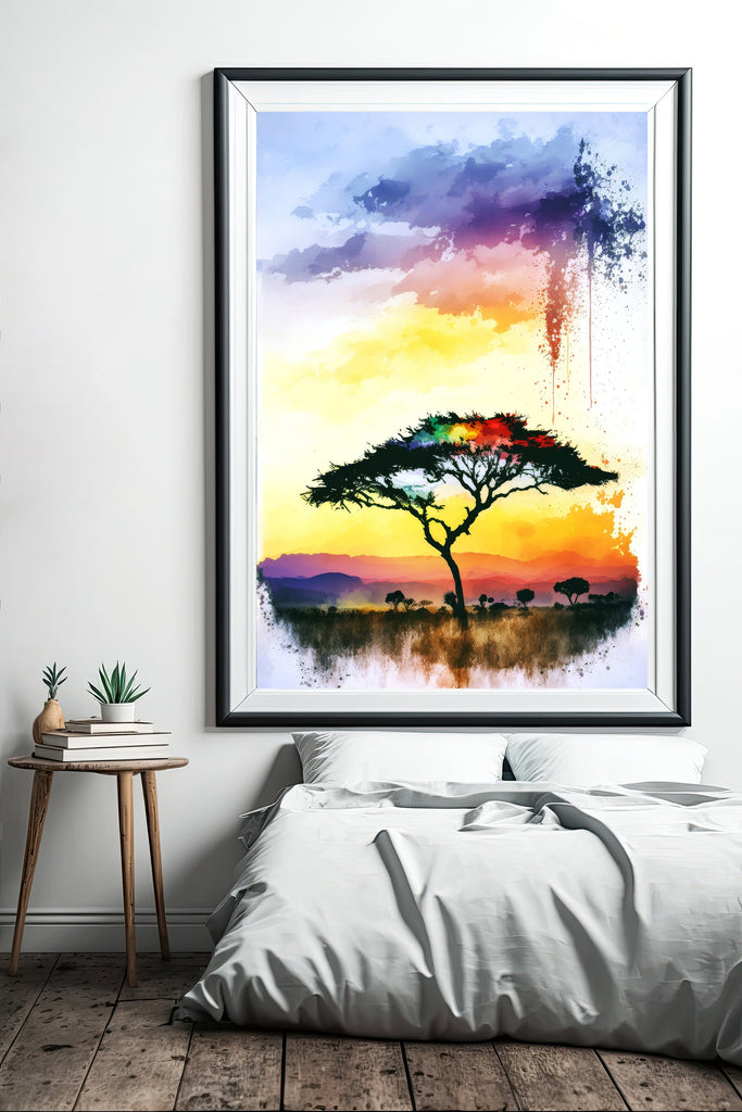 African Serengeti Sunset Wall Art Safari Print Africa Savanna Watercolor Landscape Painting Travel Gift Nature Inspired Decor