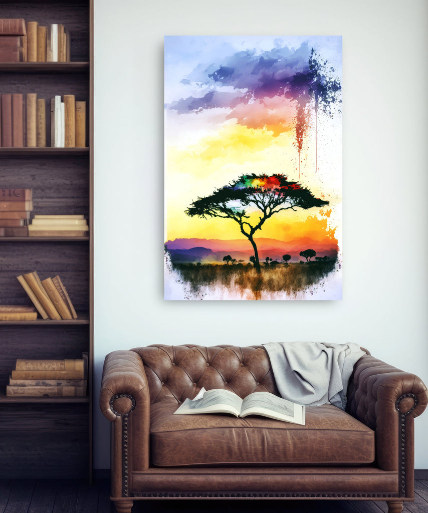 African Serengeti Sunset Wall Art Safari Print Africa Savanna Watercolor Landscape Painting Travel Gift Nature Inspired Decor