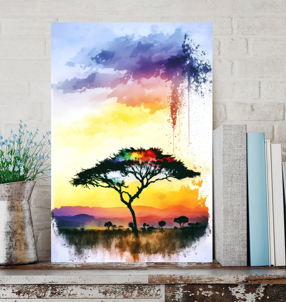 African Serengeti Sunset Wall Art Safari Print Africa Savanna Watercolor Landscape Painting Travel Gift Nature Inspired Decor