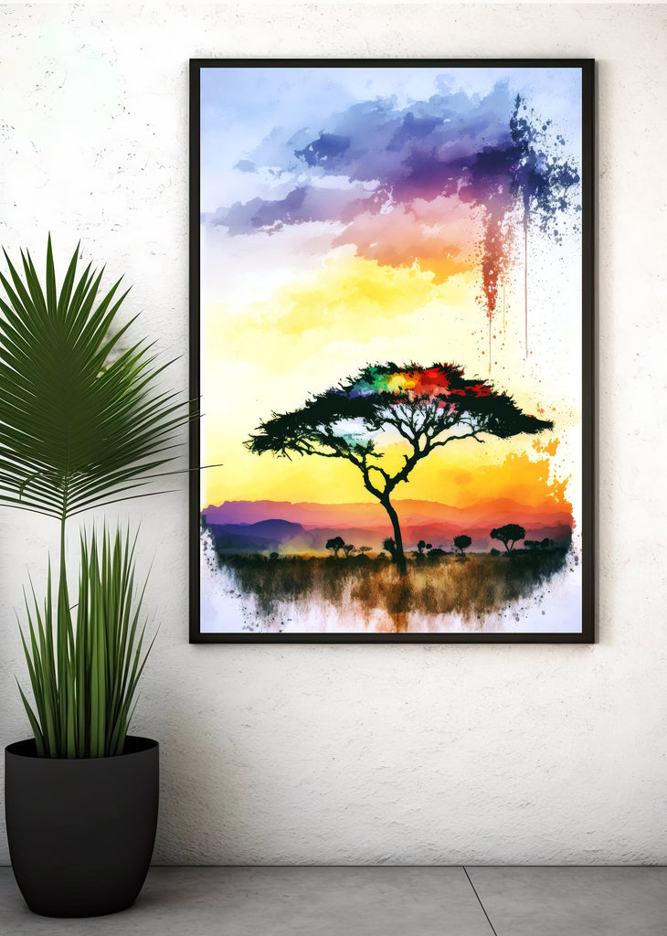 African Serengeti Sunset Wall Art Safari Print Africa Savanna Watercolor Landscape Painting Travel Gift Nature Inspired Decor