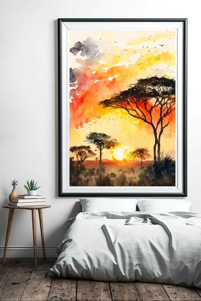 African Serengeti Sunset Wall Art Safari Print Africa Savanna Watercolor Landscape Painting Travel Gift Nature Inspired Decor