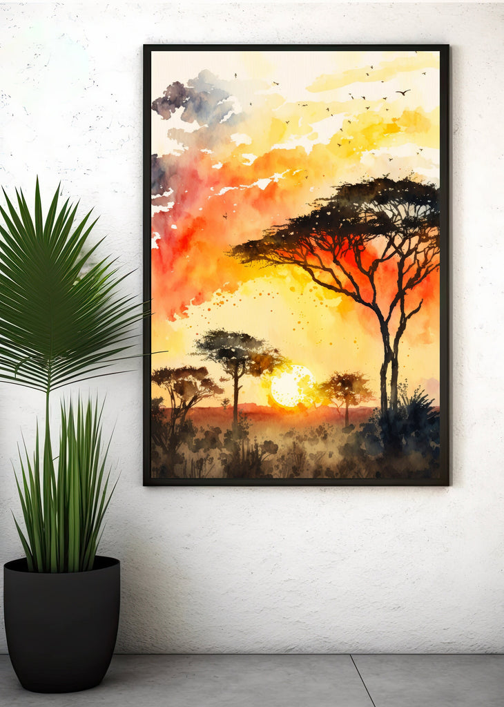 African Serengeti Sunset Wall Art Safari Print Africa Savanna Watercolor Landscape Painting Travel Gift Nature Inspired Decor