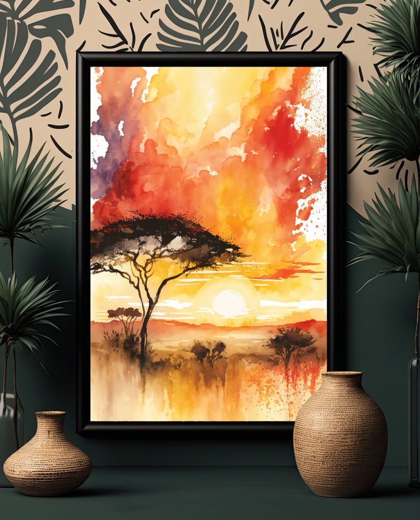 African Serengeti Sunset Wall Art Safari Print Africa Savanna Watercolor Landscape Painting Travel Gift Nature Inspired Decor