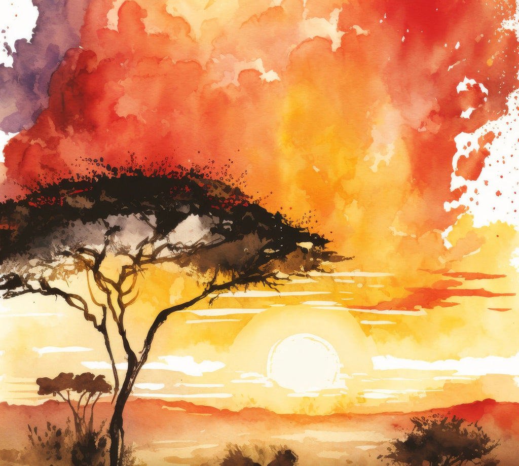 African Serengeti Sunset Wall Art Safari Print Africa Savanna Watercolor Landscape Painting Travel Gift Nature Inspired Decor