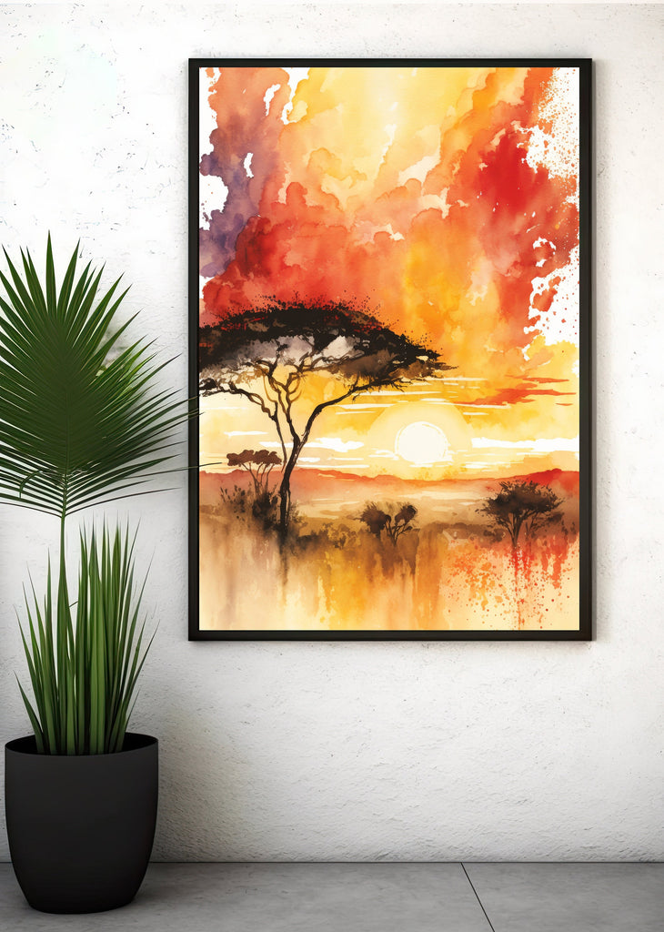 African Serengeti Sunset Wall Art Safari Print Africa Savanna Watercolor Landscape Painting Travel Gift Nature Inspired Decor