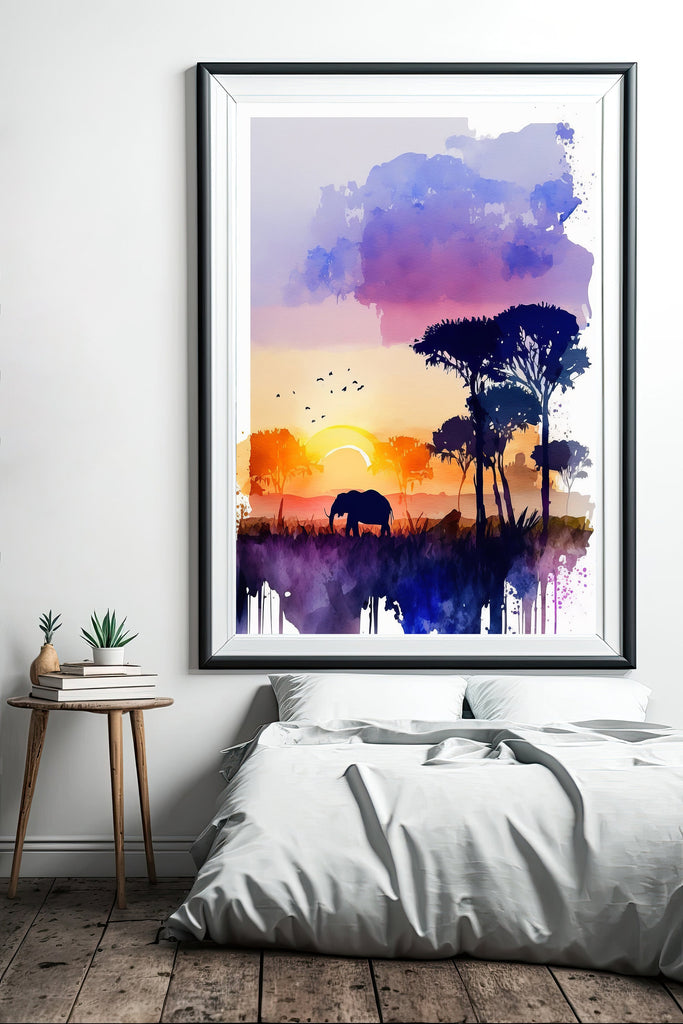 African Serengeti Elephant Sunset Wall Art Safari Print Africa Savanna Watercolor Landscape Painting Travel Gift Nature Inspired Decor