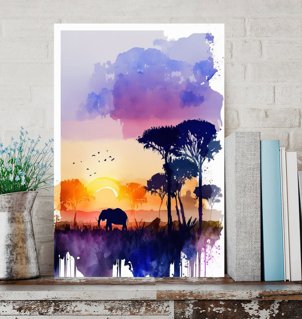 African Serengeti Elephant Sunset Wall Art Safari Print Africa Savanna Watercolor Landscape Painting Travel Gift Nature Inspired Decor