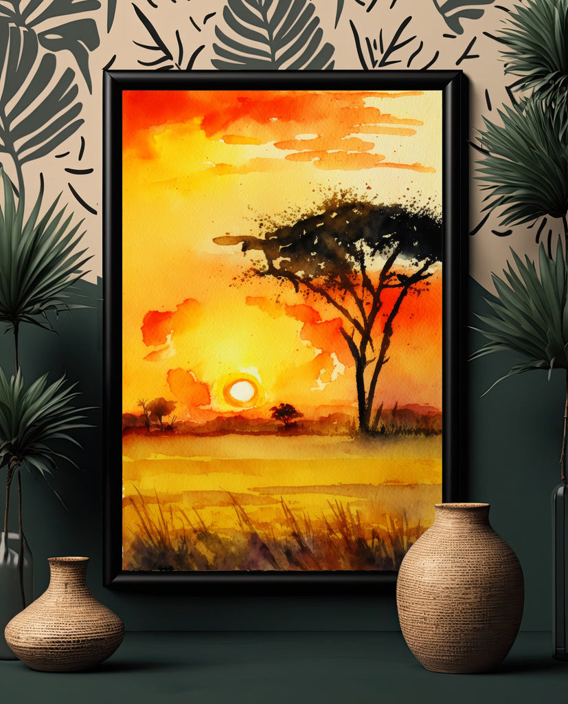 African Serengeti Sunset Wall Art Safari Print Africa Savanna Watercolor Landscape Painting Travel Gift Nature Inspired Decor