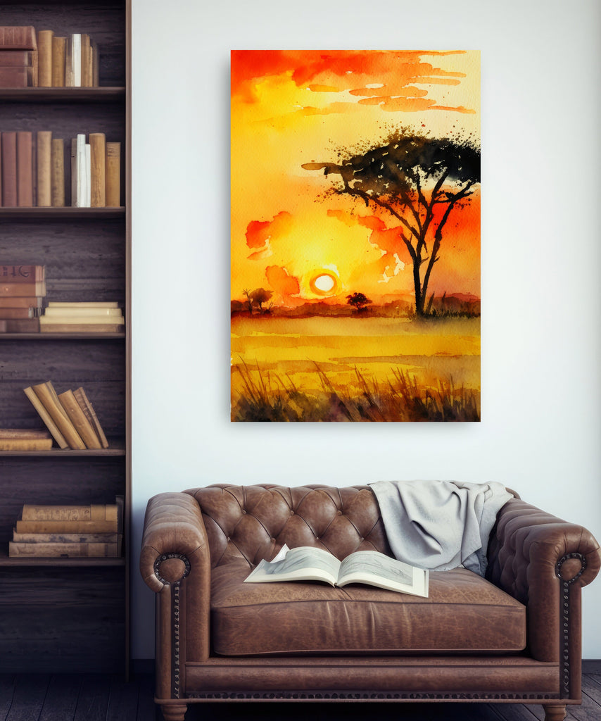 African Serengeti Sunset Wall Art Safari Print Africa Savanna Watercolor Landscape Painting Travel Gift Nature Inspired Decor