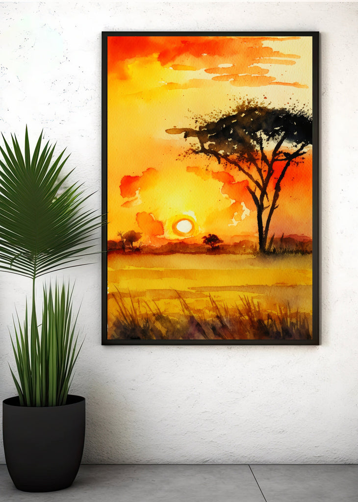 African Serengeti Sunset Wall Art Safari Print Africa Savanna Watercolor Landscape Painting Travel Gift Nature Inspired Decor