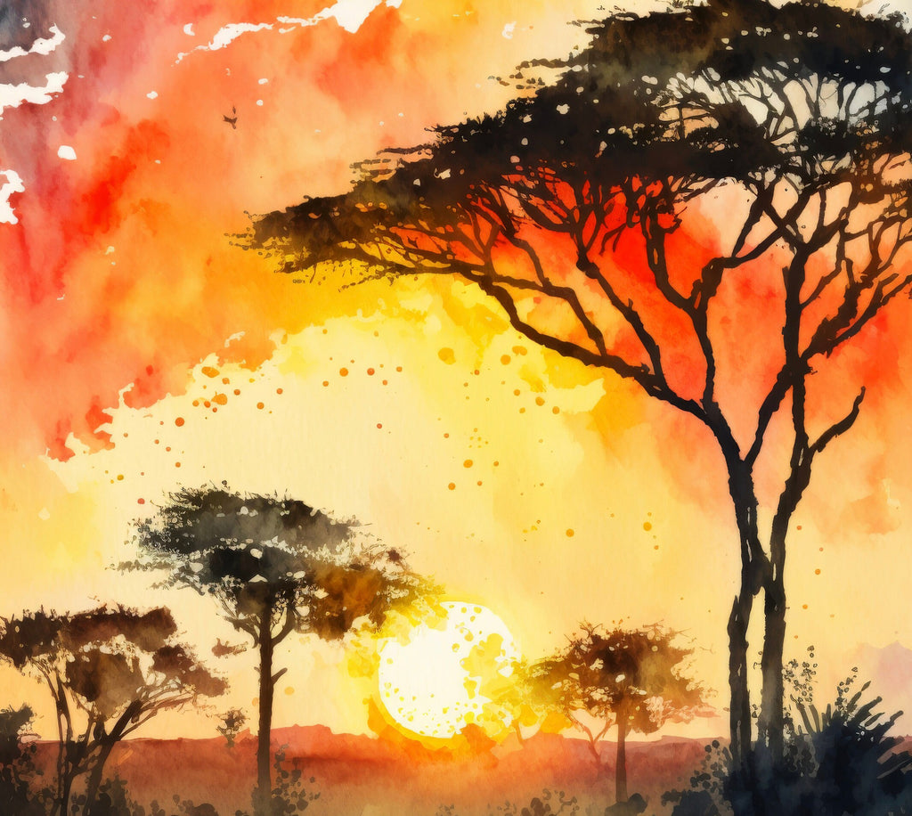 African Serengeti Sunset Wall Art Safari Print Africa Savanna Watercolor Landscape Painting Travel Gift Nature Inspired Decor