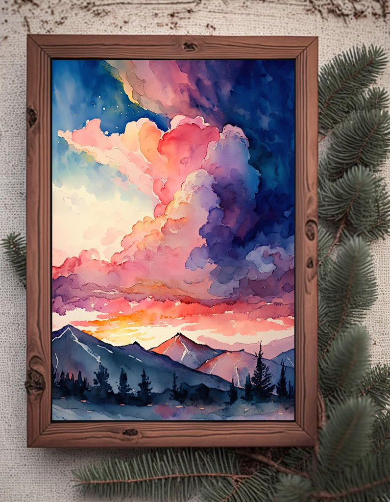 Mountain Cloud Sunset Wall Art Landscape Cabin Decor Painting Watercolor Print Outdoorsy Gifts Nature Inspired Woodland Cottagecore Decor