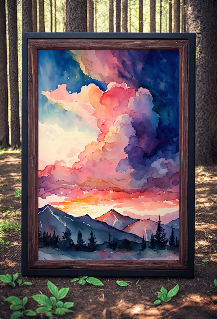 Mountain Cloud Sunset Wall Art Landscape Cabin Decor Painting Watercolor Print Outdoorsy Gifts Nature Inspired Woodland Cottagecore Decor