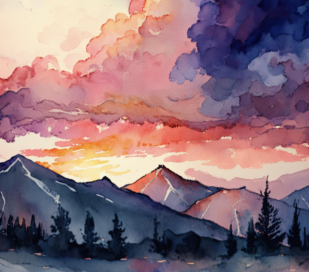 Mountain Cloud Sunset Wall Art Landscape Cabin Decor Painting Watercolor Print Outdoorsy Gifts Nature Inspired Woodland Cottagecore Decor