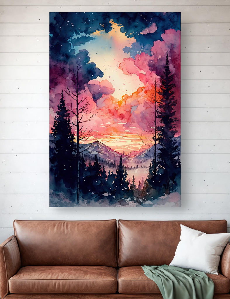 Magical Mountain Sunset Watercolor Print, Pink and Purple Forest Landscape Wall Art, Mystical Sky Canvas Art, Serene Nature-Inspired Decor