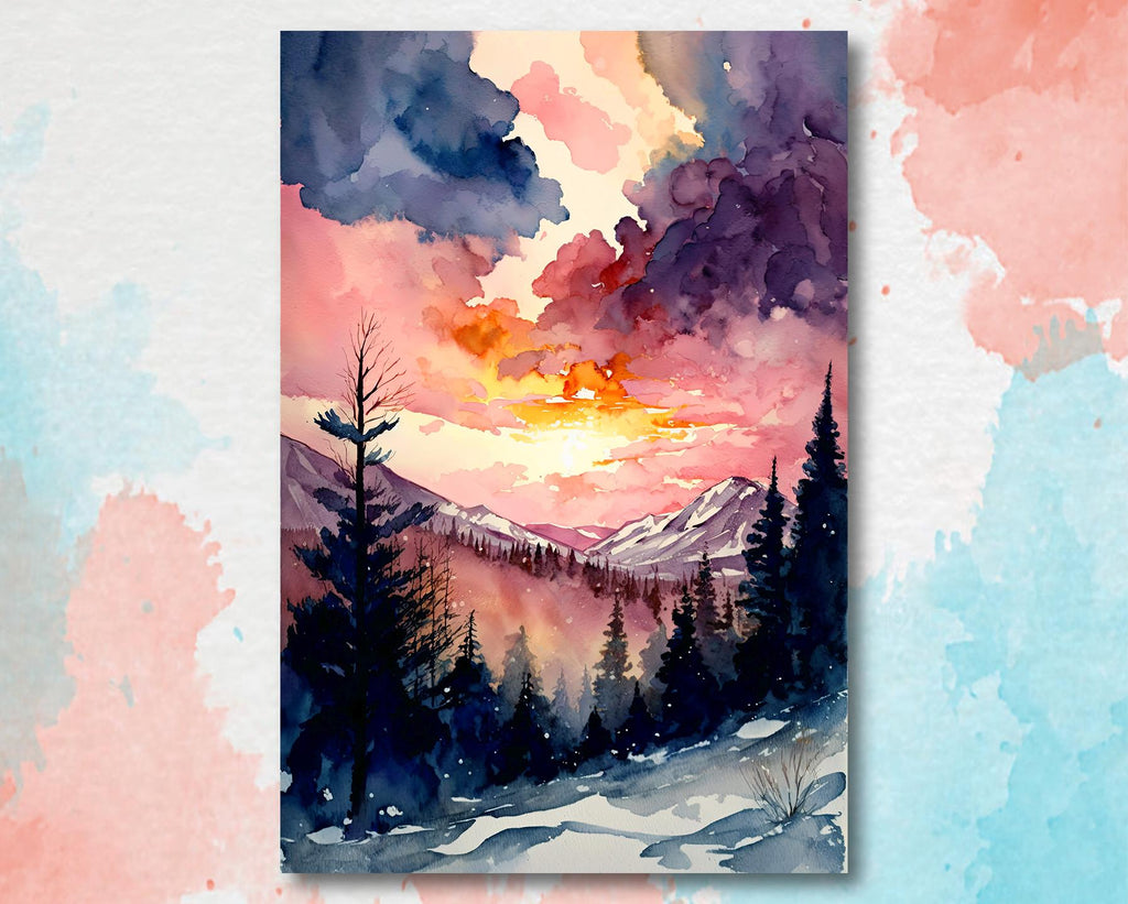 Winter Sunset Watercolor Print, Pink and Purple Snowy Poster Mountain Landscape, Serene Forest Canvas Art, Ethereal Nature Wall Decor