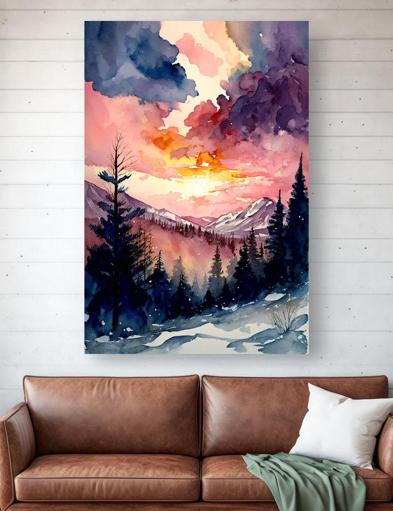 Winter Sunset Watercolor Print, Pink and Purple Snowy Poster Mountain Landscape, Serene Forest Canvas Art, Ethereal Nature Wall Decor