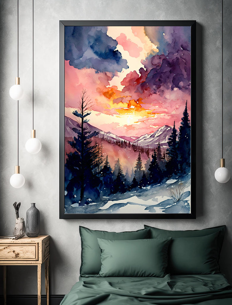 Winter Sunset Watercolor Print, Pink and Purple Snowy Poster Mountain Landscape, Serene Forest Canvas Art, Ethereal Nature Wall Decor