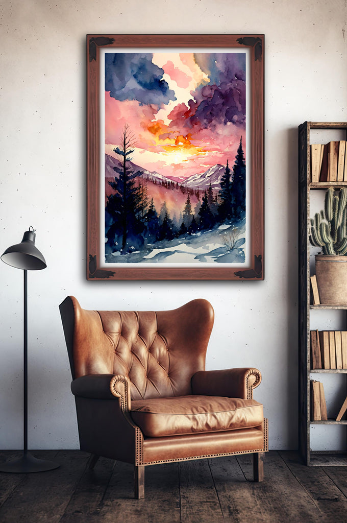 Winter Sunset Watercolor Print, Pink and Purple Snowy Poster Mountain Landscape, Serene Forest Canvas Art, Ethereal Nature Wall Decor