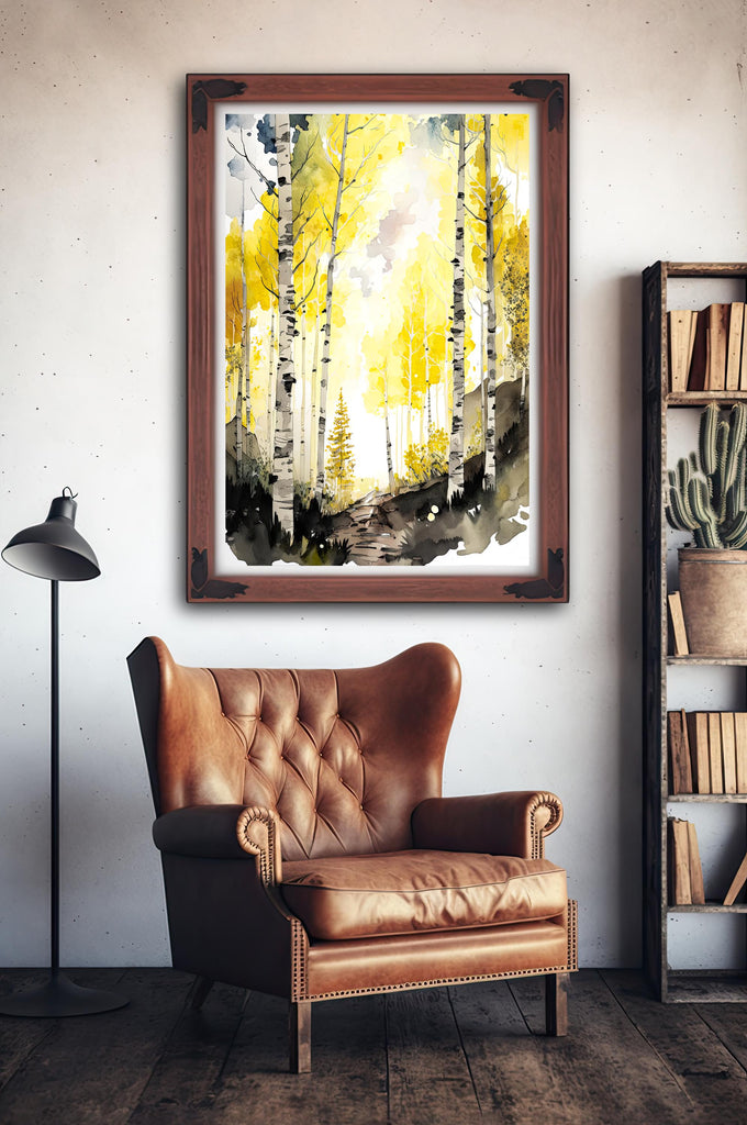 Autumn Birch Forest Watercolor Print, Yellow and Black Landscape Canvas Art, Serene Nature Poster Print, Woodland Path Wall Decor