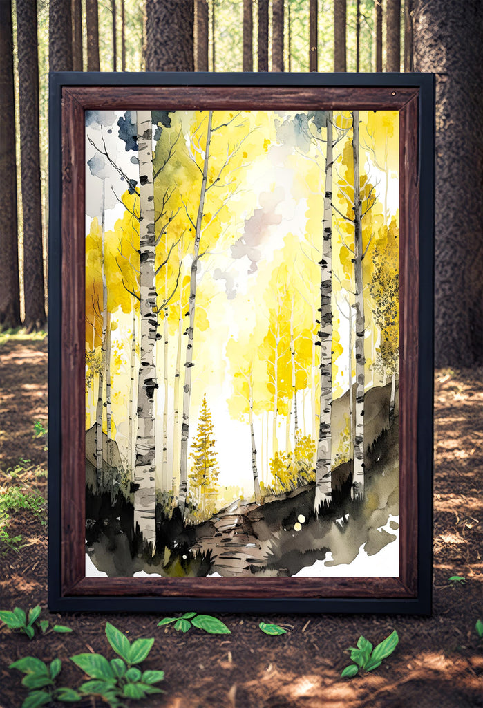 Autumn Birch Forest Watercolor Print, Yellow and Black Landscape Canvas Art, Serene Nature Poster Print, Woodland Path Wall Decor