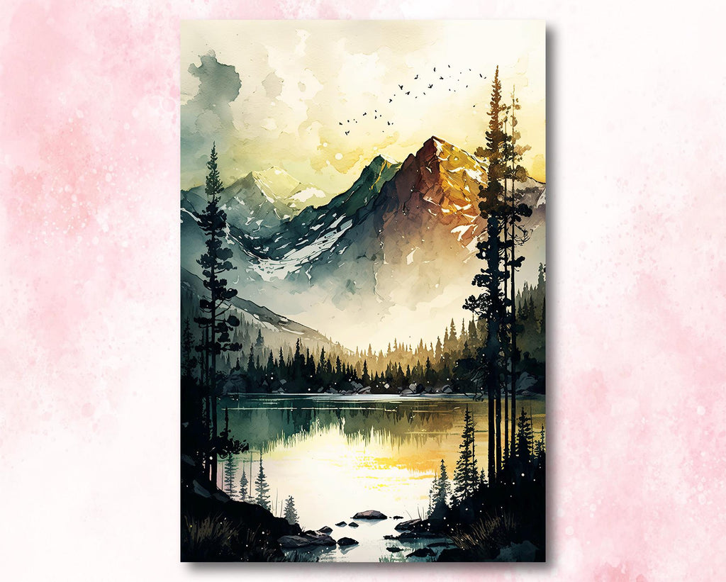 Mountain Lake Sunrise Watercolor Print, Misty Forest Landscape Poster, Nature-Inspired Canvas Art, Serene Wilderness Wall Decor