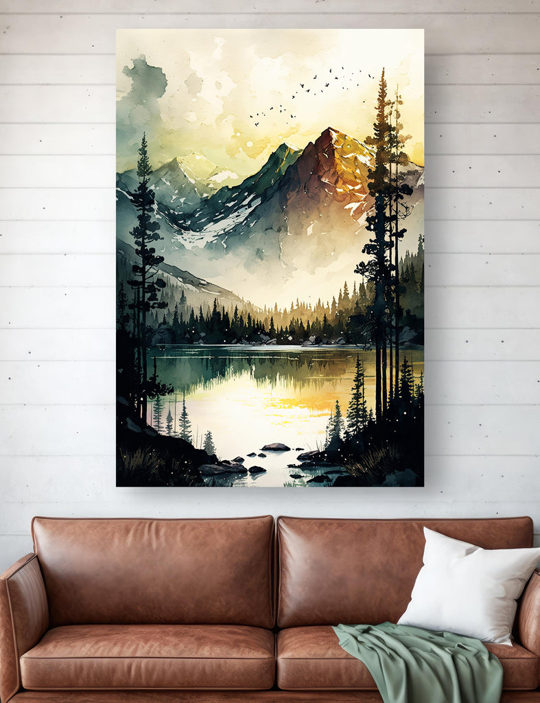 Mountain Lake Sunrise Watercolor Print, Misty Forest Landscape Poster, Nature-Inspired Canvas Art, Serene Wilderness Wall Decor