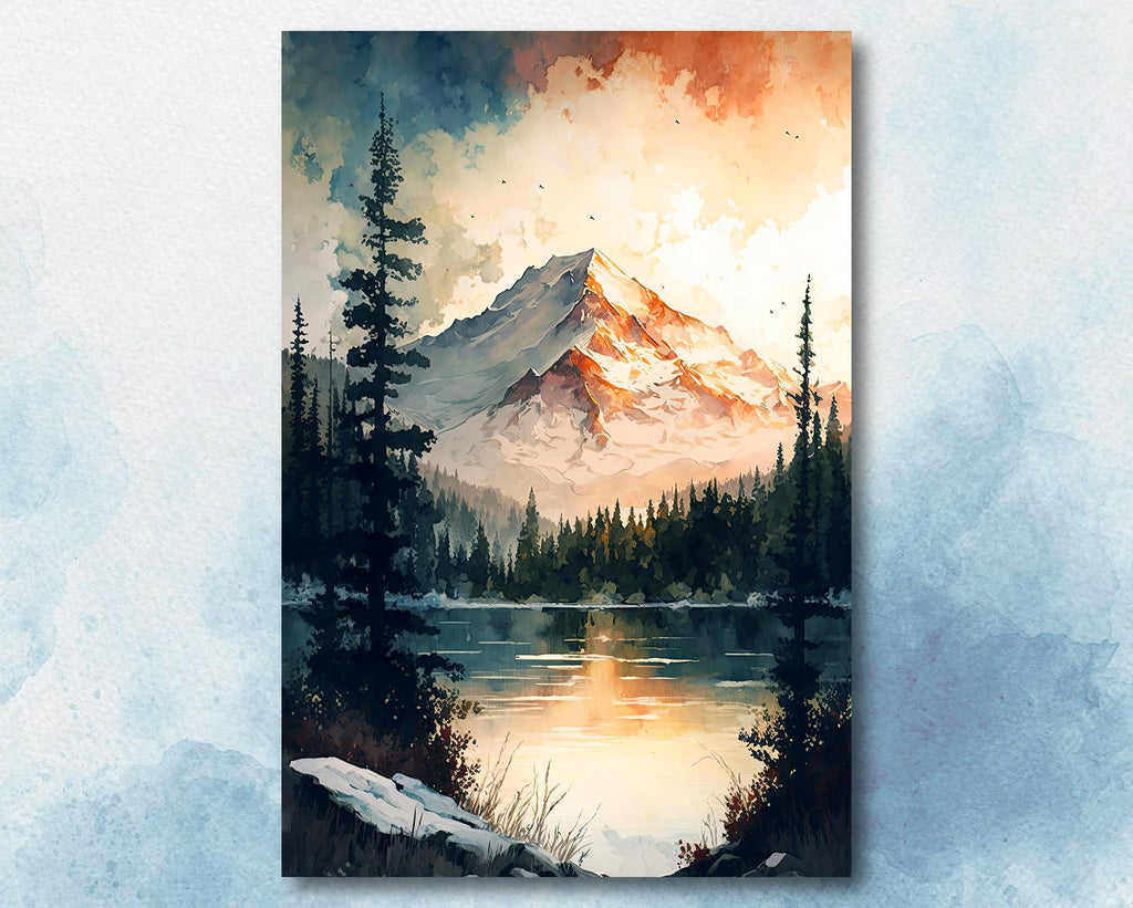 Mountain Lake Watercolor Print, Serene Forest Landscape, Cabincore Nature Poster, Wilderness Canvas Art, Tranquil Wall Decor