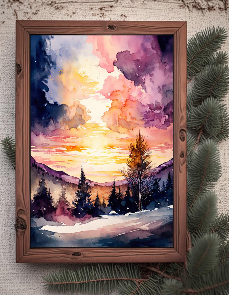 Sunset Mountain Watercolor Print, Pink and Purple Forest Landscape, Cabincore Nature Poster, Winter Canvas Art, Serene Wall Decor