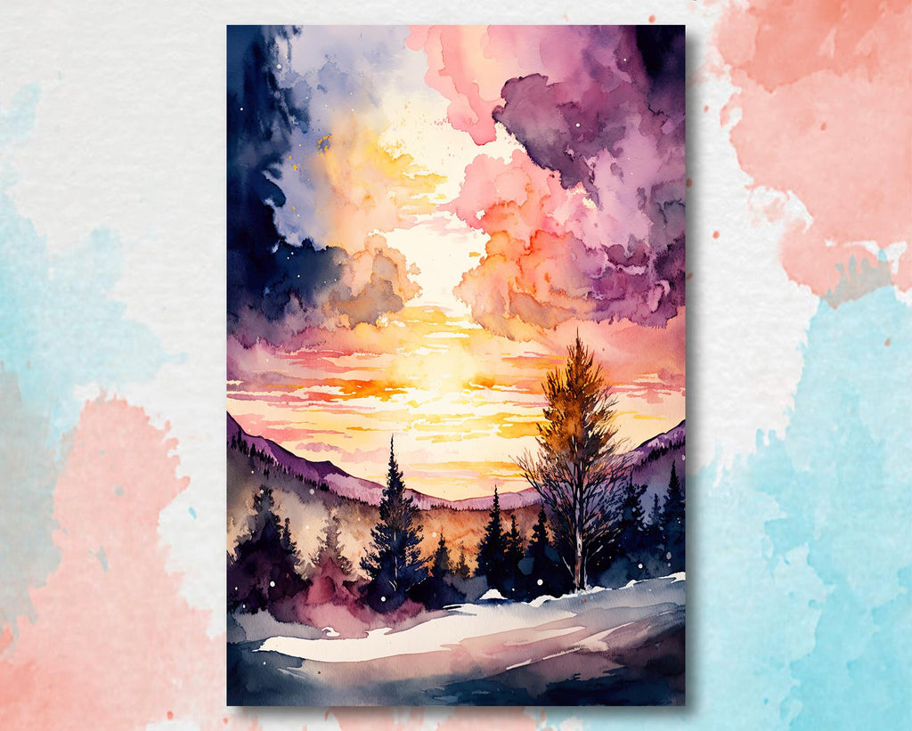 Sunset Mountain Watercolor Print, Pink and Purple Forest Landscape, Cabincore Nature Poster, Winter Canvas Art, Serene Wall Decor