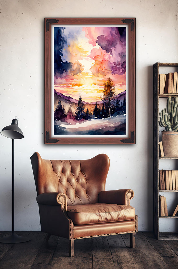 Sunset Mountain Watercolor Print, Pink and Purple Forest Landscape, Cabincore Nature Poster, Winter Canvas Art, Serene Wall Decor