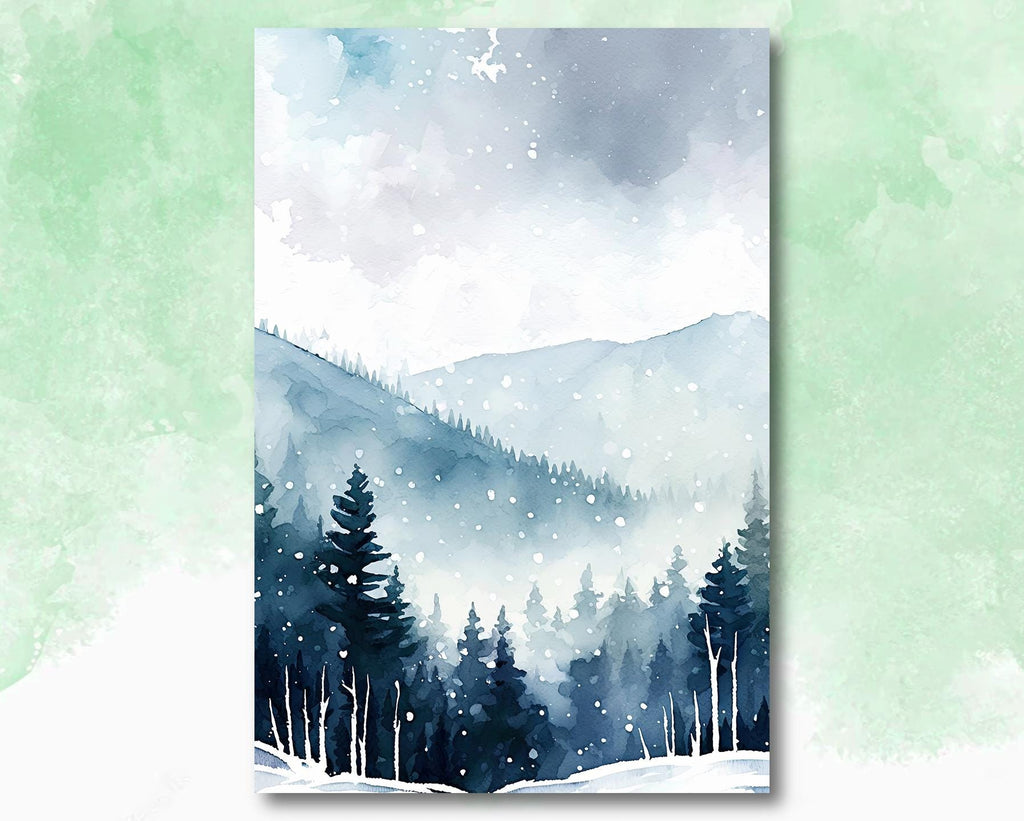 Winter Forest Watercolor Print, Misty Mountain Landscape, Serene Snowy Nature Poster, Cabincore Canvas Art, Tranquil Wall Decor