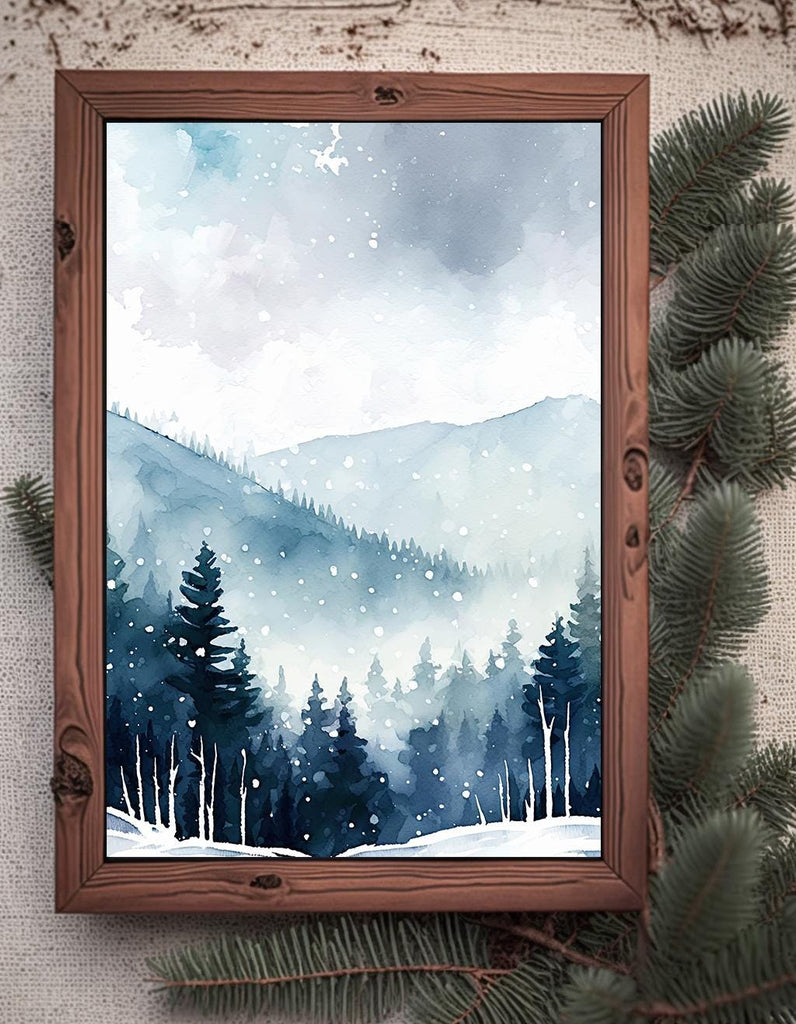 Winter Forest Watercolor Print, Misty Mountain Landscape, Serene Snowy Nature Poster, Cabincore Canvas Art, Tranquil Wall Decor